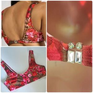 NWOT Aiirz Red and Brown Floral and Cheetah Print Embellished Bikini Top Sz L